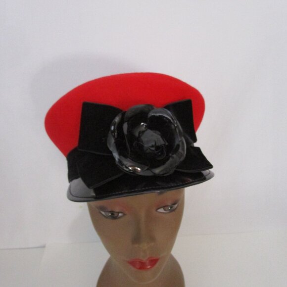 Mushroom Red Wool Visor Brim Cap Hat Patent Leather Brim Flower - Picture 2 of 14